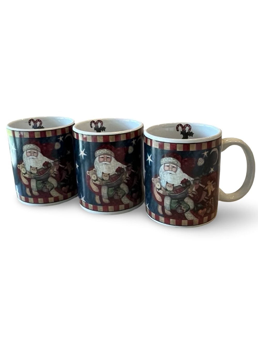 Vintage Holiday Mug Set Folk Art Father Christmas Collection Susan Winget
